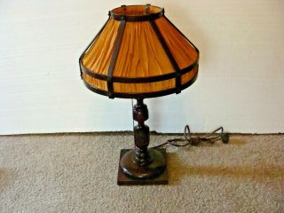 Antique Mission Arts And Crafts Wood Table Lamp Silk & Wood Shade Rare