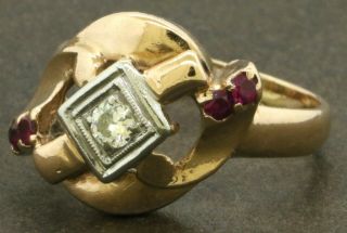 Heavy Vintage 14k 2 - Tone Gold 0.  32ct Diamond & Ruby Cocktail Ring Size 7.  5