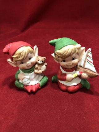 Christmas Elves Elf Pixies Figurines 5253 Santas Helpers Set Of 2 Vintage Homco