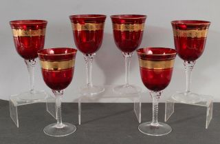 6 Vintage 1960s Ruby Red Bohemian Crystal Twist Stem Wine Glasses Gold Grapevine