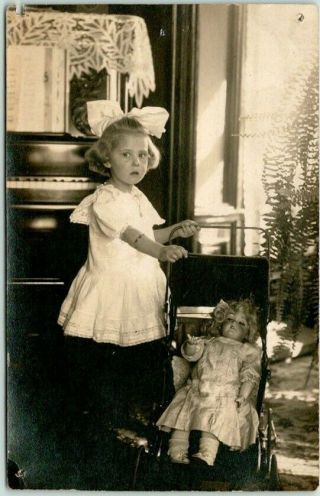 Vintage 1910s Rppc Real Photo Postcard Girl With Doll In Stroller / Piano