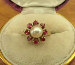 Vintage Jewellery 9ct Gold Ruby And Pearl Ring Full Uk Hallmarks 1960 