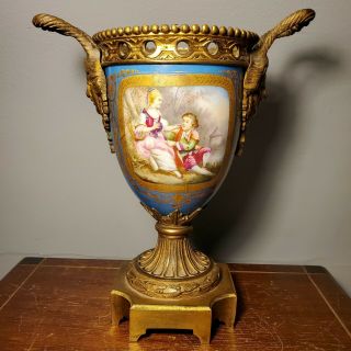 Antique French Sevres Style Porcelain & Brass Gilt Hand Painted Potpourri Urn