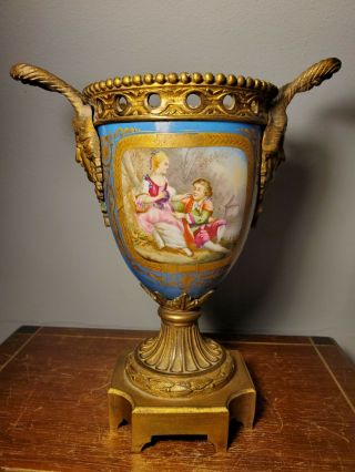 Antique French Sevres Style Porcelain & Brass Gilt Hand Painted Potpourri Urn 2