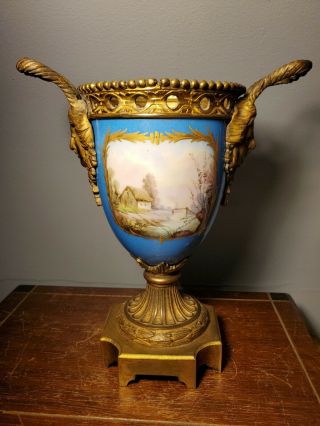 Antique French Sevres Style Porcelain & Brass Gilt Hand Painted Potpourri Urn 3