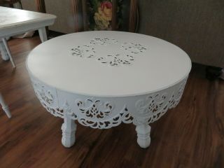 Vintage French Country Chic White Metal Lace Top Wood Legs Table