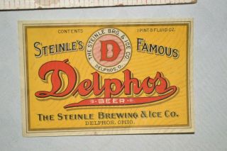 Rare Vtg/antique Steinle Brewing & Ice Co.  Pre - Prohibition Delphos Beer Label Oh