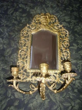 Antique Victorian Brass Wall Hanging Beveled Mirror Ornate Candle Holders