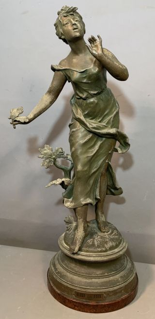 Lg Antique Art Nouveau Signed Bronzed Spelter Lady Statue Old Parlor Sculpture