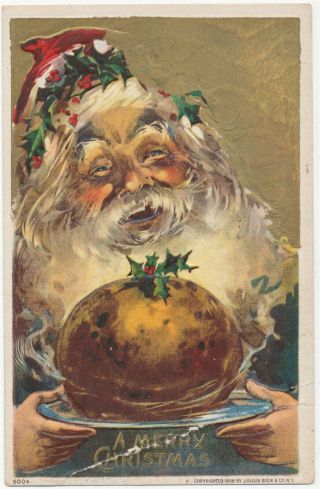 Old World Santa With Plum Pudding Merry Christmas 1908 J.  Bien Embossed Postcard