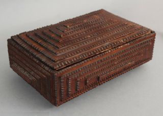 Antique Circa 1900 Folk Art Chip Carved Tramp Art Wood Box,