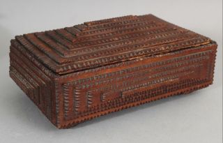Antique Circa 1900 Folk Art Chip Carved Tramp Art Wood Box, 2