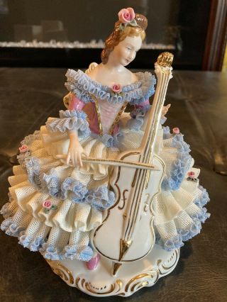 Dresden Lace Figurine Lady Sitting Playing Cello Germany