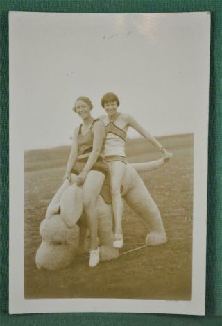 Vintage Postcard Photo 2 Girls On Huge Toy Dog 1930`s (m36)