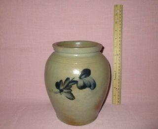 Antique 19th C Stoneware Flower Decorated Small Ovoid Maryland Crock 7 7/8 "