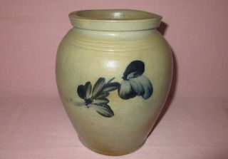 Antique 19th C Stoneware Flower Decorated Small Ovoid Maryland Crock 7 7/8 