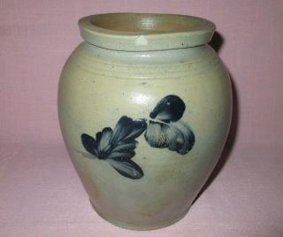 Antique 19th C Stoneware Flower Decorated Small Ovoid Maryland Crock 7 7/8 