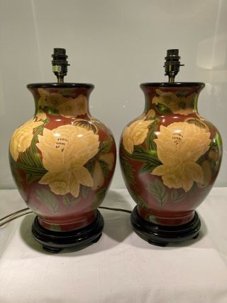 Large Vintage Floral Porcelain Table Lamps On Wooden Bases