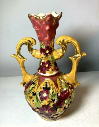 Vtg Fischer J Budapest Reticulated Pottery Pitcher Vase Handles Floral Antique