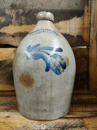 Cowden & Wilcox Harrisburg Pa 1 Gallon Fancy Blue Cobalt Decorated Stoneware Jug