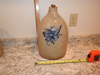 Antique Cobalt Blue Triple Flower Stoneware Jug Troy Ny Glazed Pottery As - Is Nor