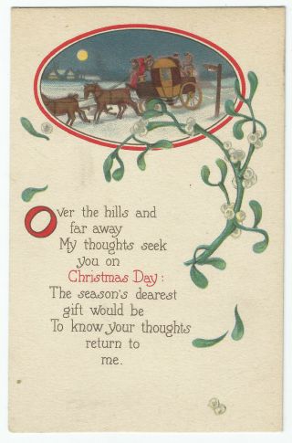 Vintage Postcard Old Arts & Crafts Christmas Horses Buggy Poem