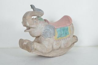 Vintage Large Solid Wood Hand Carved Elephant Rocker Kids Rocking Chair Pastel