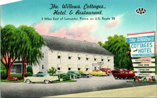 Vintage Linen Postcard Willows Cottages Postcard Lancaster Pa Unp Aaa Cars