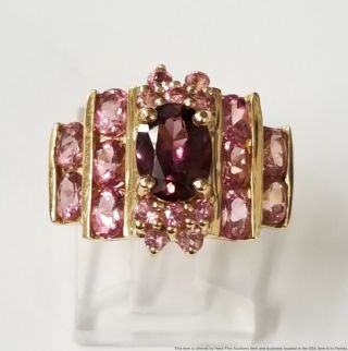 Vintage 14k Gold Pink Tourmaline Rhodolite Garnet Cluster Pyramid Ladies Ring