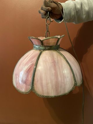 Pink Slag Stained Glass Hanging Swag Ceiling Lamp Light 8 Panel Tulip