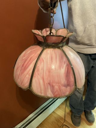 Pink Slag Stained Glass Hanging Swag Ceiling Lamp Light 8 Panel Tulip 2