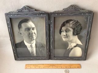 Vintage Art Deco Painted Wood Double Photograph Frame With Two Us Portraits