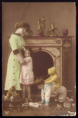 Old Real Photo Postcard Children W/2 Teddy Bears Piggyback,  Kitchen Toys France