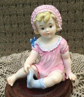 Vintage Germany Bisque Porcelain Ceramic Piano Baby Figurine Girl 6” Tall