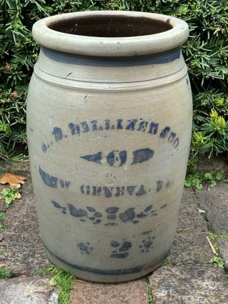 Large Antique 2 Gallon “geneva” Jug Stoneware Crock Jar Cobalt Blue Decoration