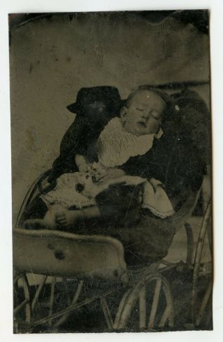 Post Mortem Baby Child Buggy Dead Antique Tin Type Photograph Postmortem