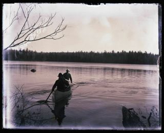 (1) Early 1900s Antique Glass Negative,  2 Men In Canoe,  Thad & Harry,  Bear Pond