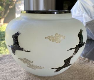 Art Deco Art Nouveau Satin Glass Vase Sterling Silver Overlay Birds Clouds