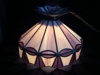 Vintage Hanging Leaded Purple Stained Glass Swag Lamp Shade Light Plug In