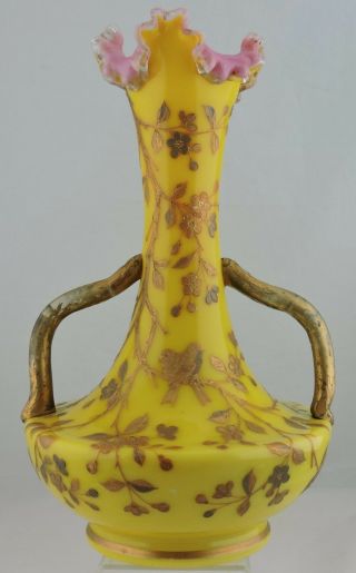 Antique Glass Vase Gold Bird Flower,  Handles,  Yellow,  Pink,  Ruffled Rims Lamp Base