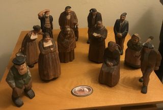 12 Antique/vintage Solid Wood Carving Figures Hand Carved Apx 5 Inches Tall