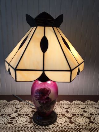Antique Pittsburg Lamp With 12 Slag Glass Panels & Rose Glass Base