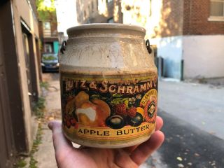 Vintage C.  1920 Ceramic " Lutz & Schramm " Paper Labelled Apple Butter Crock