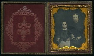 Full Case Sixth Plate Daguerreotype Of Woman And Boy Floral Motif