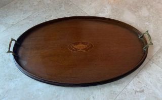 Antique English Inlaid Mahogany Wooden Tea Tray Brass Handles Butler Platter