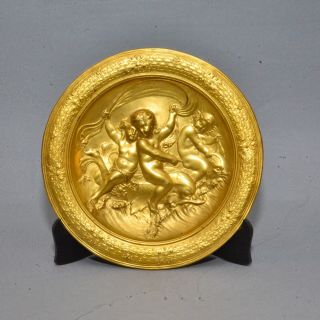 Antique French Style Gilt Metal Plate Plaque Cherubs Riding Dolphins 8 - 3/4 "