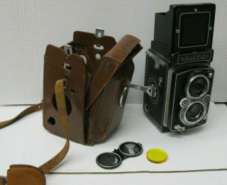 Rolleiflex Tlr 3.  5a 1223789 Vintage Film Camera W Case Lens Cover Yellow Filter