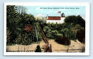 Grand Haven,  Mi Postcard - Old Lighthouse,  Highland Park - White Border