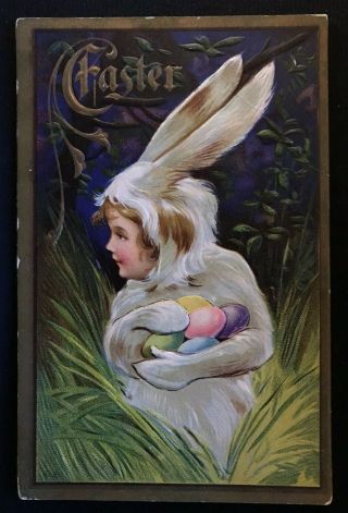 Easter Fantasy Postcard Girl In Bunny Rabbit Costume Eggs Vintage - C507
