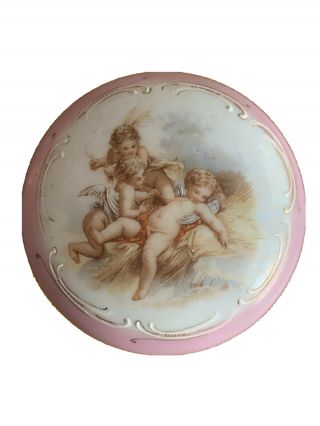 Antique French Opaline Glass Vanity Trinket Powder Box Pink Putti